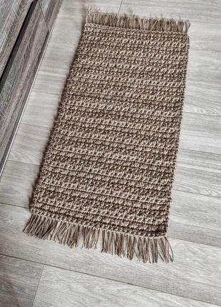 Килимок із джуту, джутовий килим, плетений килимок з китицями.10 фото