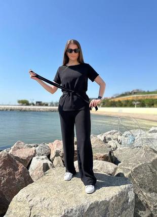 Костюм женский однотонный оверсайз футболка брюки свободного кроя на высокой посадке качественный стильный черный6 фото