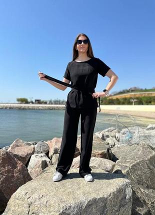 Костюм женский однотонный оверсайз футболка брюки свободного кроя на высокой посадке качественный стильный черный3 фото