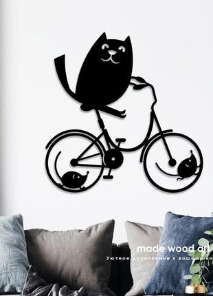 Деревянная картина - панно "кот на велосипеде"