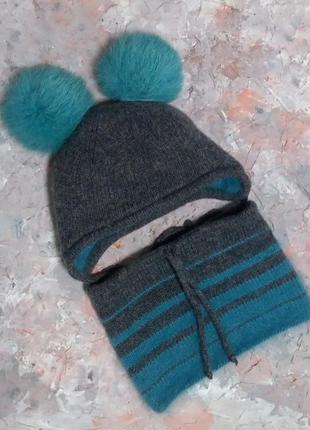 Котошапка зимова з ангори/пуха норки; дитяча зимова в'язана шапка8 фото