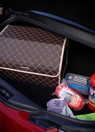 Органайзер в багажник авто amg від carbag коричневий з бежевою ниткою та бежевим кантом2 фото