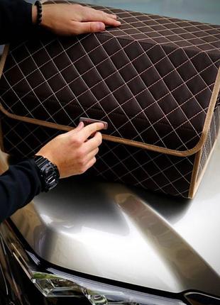 Органайзер в багажник авто amg от carbag коричневый с бежевой строчкой и бежевой окантовкой5 фото