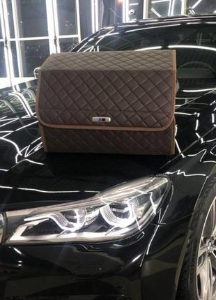 Органайзер в багажник авто chevrolet от carbag коричневый с бежевой строчкой и бежевой окантовкой3 фото