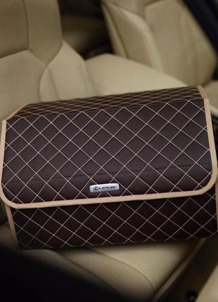 Органайзер в багажник авто daewoo від carbag коричневий з бежевою ниткою та бежевим кантом8 фото