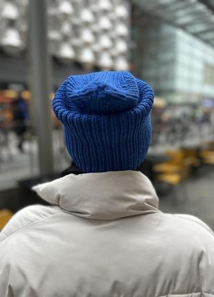 Зимова шапка з мериносової вовни (синя, ручна в'язка) 26 фото