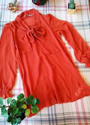 Блуза тренд 2021 стильна на зав'язках крутая оранжевая блуза с бантом прозрачная4 фото
