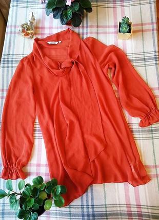 Блуза тренд 2021 стильна на зав'язках крутая оранжевая блуза с бантом прозрачная5 фото