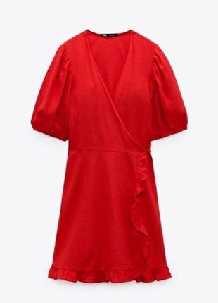 Льняное красное сарафан платье на запах zara
