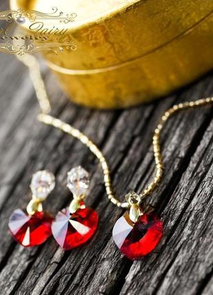 5 кольорів: комплект сердце сережки та підвіска  з кристалами swarovski red shimmer