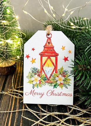 Деревянная открытка "merry christmas" фонарик, размер 6,5 х 10 х 0,6 см