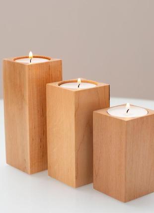 Подсвечники из натурального дерева набор 3 шт. под чайную свечу (натуральный цвет)1 фото