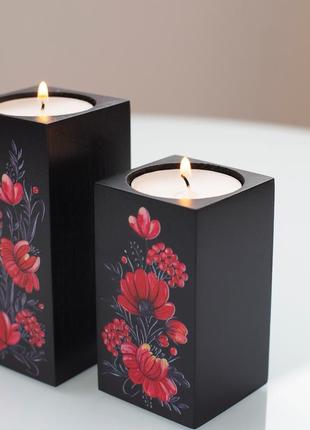 Подсвечники из натурального дерева набор 3 шт. под чайную свечу "цветы" (черный цвет)2 фото