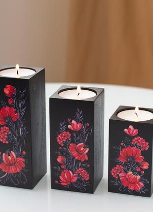 Подсвечники из натурального дерева набор 3 шт. под чайную свечу "цветы" (черный цвет)6 фото