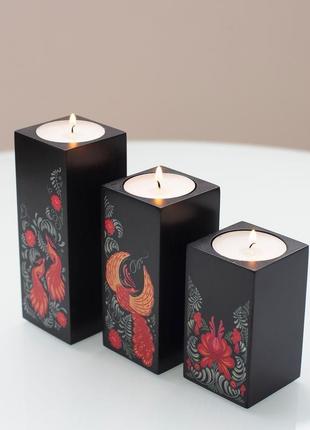 Подсвечники из натурального дерева набор 3 шт. под чайную свечу "птицы" (черный цвет)3 фото