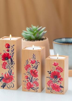 Подсвечники из натурального дерева набор 3 шт. под чайную свечу "цветы" (натуральный цвет)6 фото