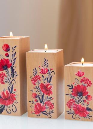 Подсвечники из натурального дерева набор 3 шт. под чайную свечу "цветы" (натуральный цвет)