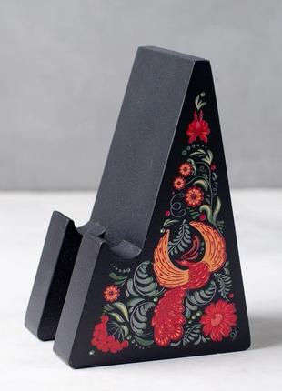 Подставка для телефона "петрос" с жар-птицей в украинском стиле (деревянная, черная)5 фото