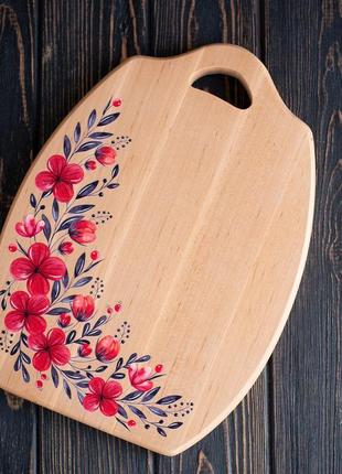 Кухонная деревянная доска с цветами в украинском стиле (натуральный цвет)2 фото