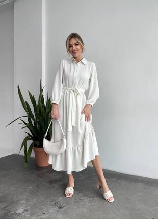 Крепова сукня міді вільного крою з коміром на ґудзиках і довгими рукавами легке довге плаття