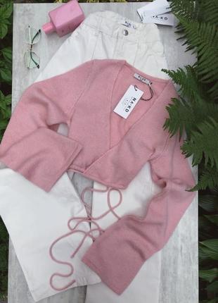 Мягкий теплый розовый кардиган с завязками по талии м1 фото