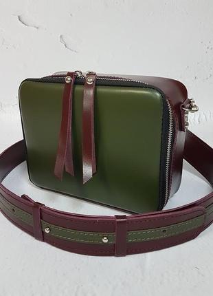 Сумка жіноча "квадро" натуральна шкіра, хакі-бургунді з широким ременем