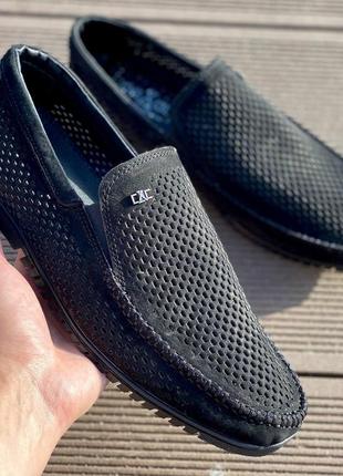 Черные кожаные летние мокасины | повседневная мужская обувь | удобные молодежные слипоны1 фото