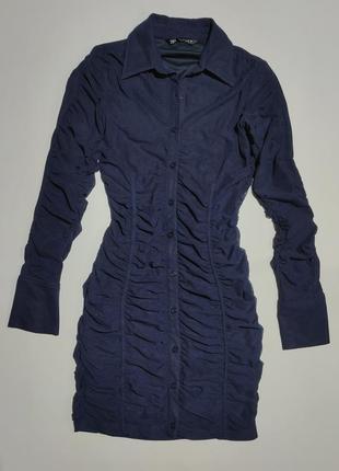 Обтягивающее темно синее платье рубашка по фигуре на пуговицах плотное офисное деловое длинный рукав зара zara4 фото