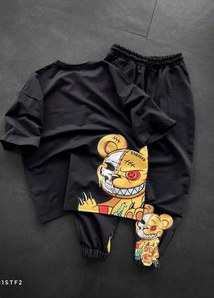 Коричневый летний спортивный костюм мужской футболка брюки оверсайз с принтом медведь1 фото
