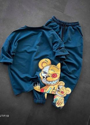 Бірюзовий літній спортивний костюм чоловічий футболка штани оверсайз з принтом медвідь4 фото