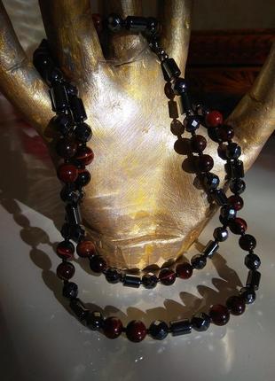 Длинное ожерелье (бусы) из натурального камня тигровый глаз и гематит разной огранки3 фото
