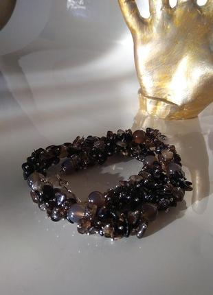 Ожерелье (колье) из натуральных камней раухтопаз и серый агат разной огранки.4 фото