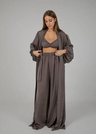 Женский пижамный шелковый костюм (бра+халат+штаны)3 фото