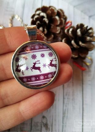 Кулон круглий фіолетовий різдвяні олені