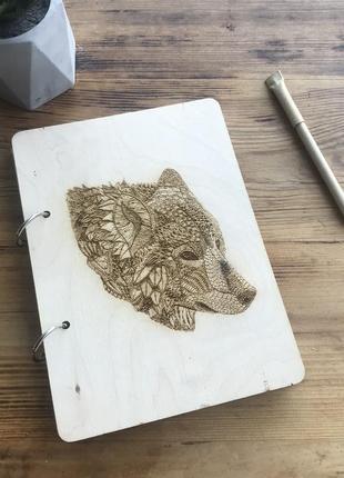 Эко блокнот с деревянной обложкой стильный из дерева записная книжка скетчбук волк1 фото
