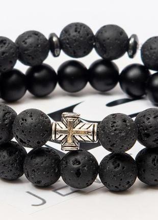 Подвійний браслет dms jewelry з шунгита і лавового каменю з хрестом double male metal cross2 фото