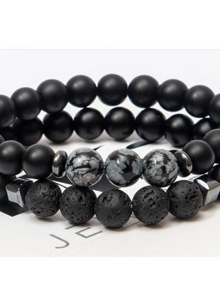 Двойной браслет dms jewelry из шунгита, обсидиана, лавового камня double obsidian triple1 фото