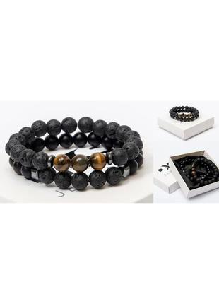 Двойной браслет dms jewelry из шунгита, тигрового глаза, лавового камня double tiger triple3 фото