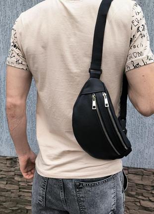 Бананка мужская поясная сумка спортивная черная через плече из натуральной кожи кожаная3 фото