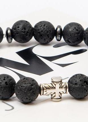 Браслет dms jewelry из лавового камня, дисками гематита с крестом male metal cross3 фото