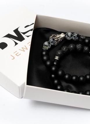 Подвійний браслет чоловічий dms jewelry з шунгіту, лави, обсидіану з драконом gray dragon3 фото