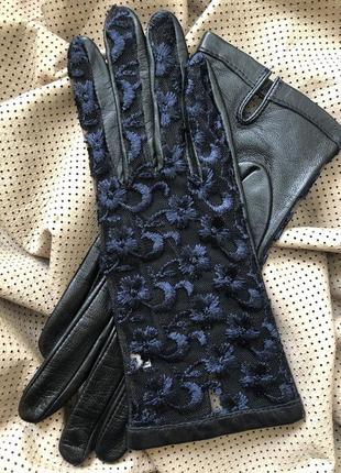 Жіночі шкіряні рукавички без підкладки з натуральної шкіри з гіпюровою вставкою. розмір 6,5"18 cм