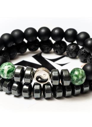 Двойной браслет dms jewelry из шунгита, лавового камня, агата с дисками green agate yin yan1 фото