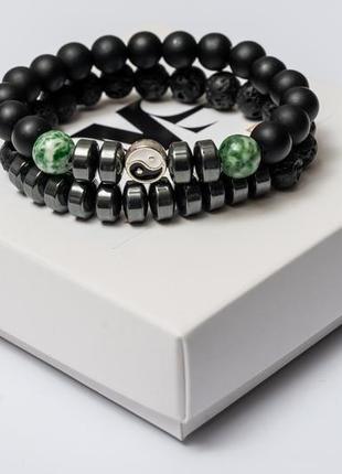 Подвійний браслет dms jewelry з шунгіта, лавового каменю, агата з дисками green agate yin yan3 фото