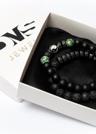 Подвійний браслет dms jewelry з шунгіта, лавового каменю, агата з дисками green agate yin yan2 фото