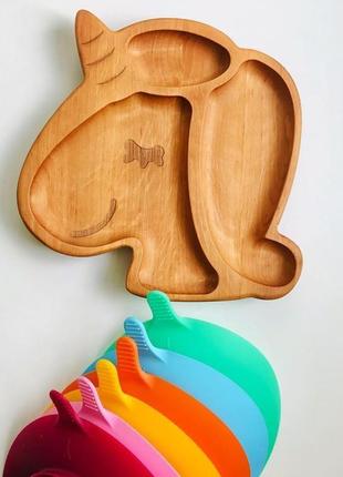 Дитяча секційна тарілка "єдиноріжка" на присосці з деревини1 фото