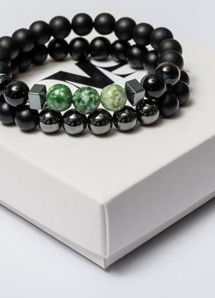 Двойной браслет dms jewelry из шунгита, гематита, агата black and green agate3 фото