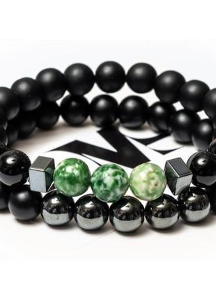 Подвійний браслет dms jewelry з шунгіта, гематиту, агата black and green agate1 фото