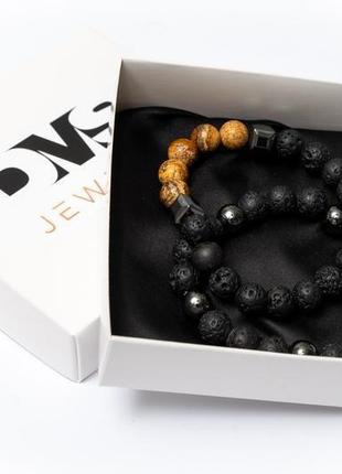 Парний браслет dms jewelry з лавового каменю, гематиту, пейзажної яшми men's jasper volcano style2 фото