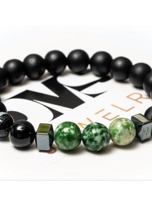 Чоловічий браслет dms jewelry з шунгіта, гематиту, агата black and green agate1 фото